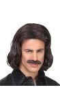 Bruine 70's Disco Pruik met Snor Mannen