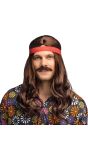 Bruine 70s Hippie Pruik met Snor en Haarband Heren