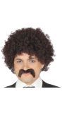Bruine Afro Pruik met Snor