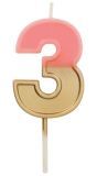 Cijfer 3 Taartkaars Retro Goud/Roze 5 cm