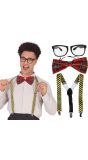 Meerkleurige Nerd Set Bril Strikje Bretels
