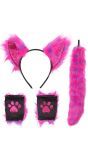 Neon Cat Roze Verkleedset met Oren Staart en Handschoenen