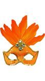Neon Oranje Braziliaans Oogmasker met Veren en Parels