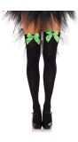Nylon Kniekousen Zwart met Groene Strik