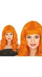 Oranje Dames Pruik Lang Krullend met Pony