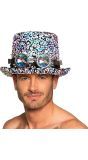 Pailletten Steampunk Hoed met Bril Zilver