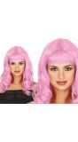 Roze Dames Pruik Lang Krullend met Pony