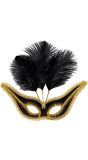 Zwart Oogmasker met Gouden Rand en Veren