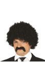 Zwarte Afro Pruik met Snor