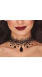 Zwarte Bloemen Kant Choker met Zwarte Steentjes