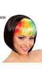 Zwarte Disco Pruik met Regenboog Pony