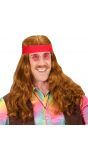 Bruine hippie pruik met snor en rode hoofdband