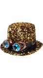 Pailletten steampunk hoed met bril goud