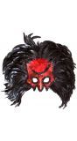 Rood duivel oogmasker met zwarte veren