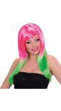 Roze-groene pruik lang haar