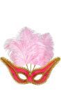 Roze oogmasker met gouden rand en veren