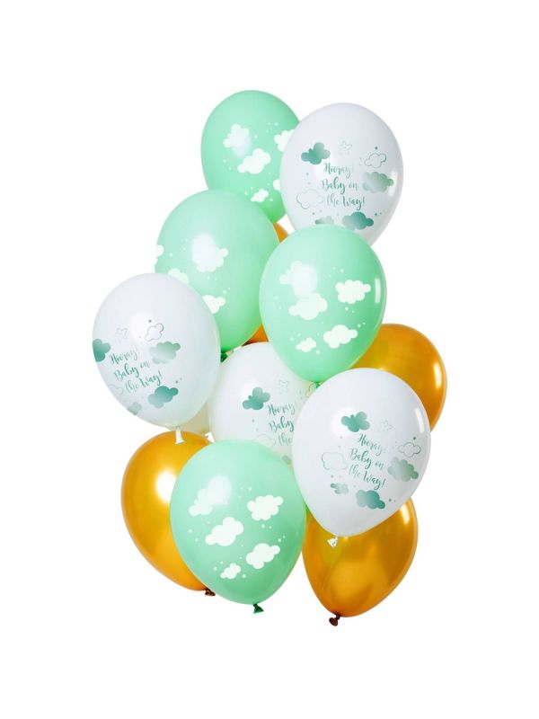 12 ballonnen baby on the way groen goud 30cm