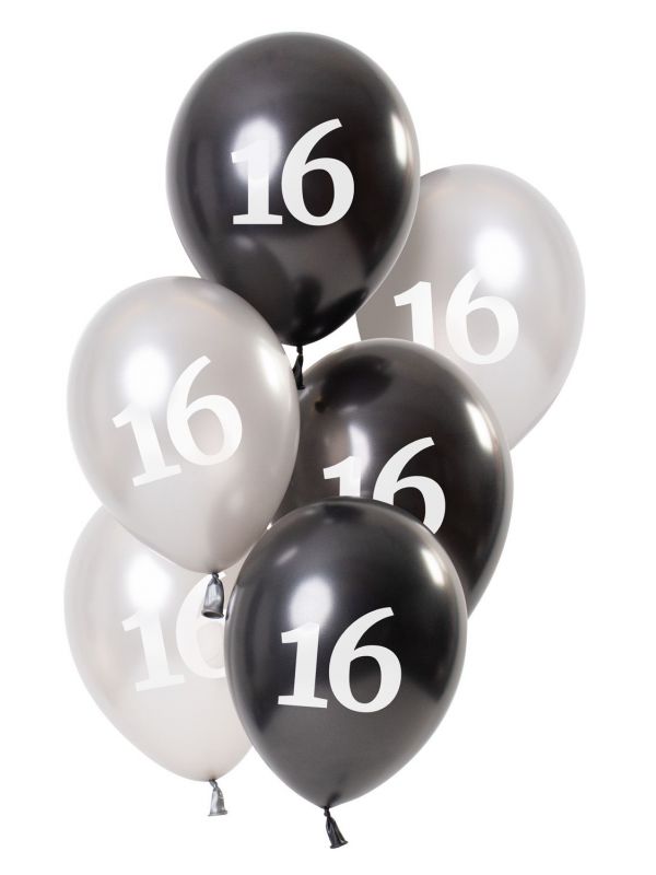 6 ballonnen glossy black 16 jaar 23cm