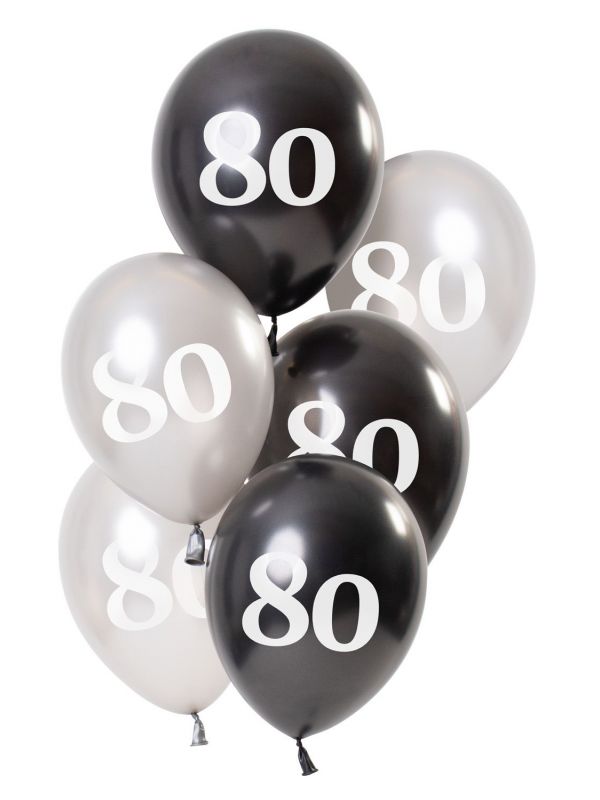 6 ballonnen glossy black 80 jaar 23cm