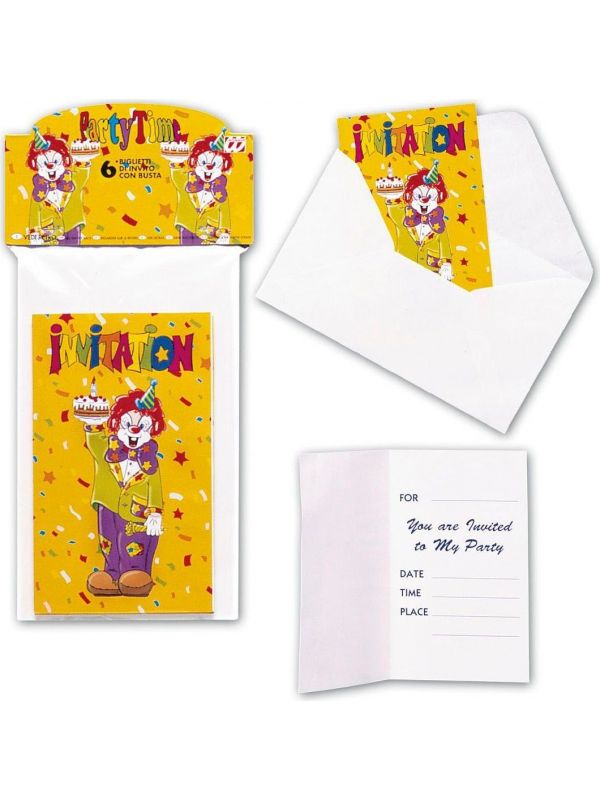 6 Clowns uitnodigingskaarten met envelop