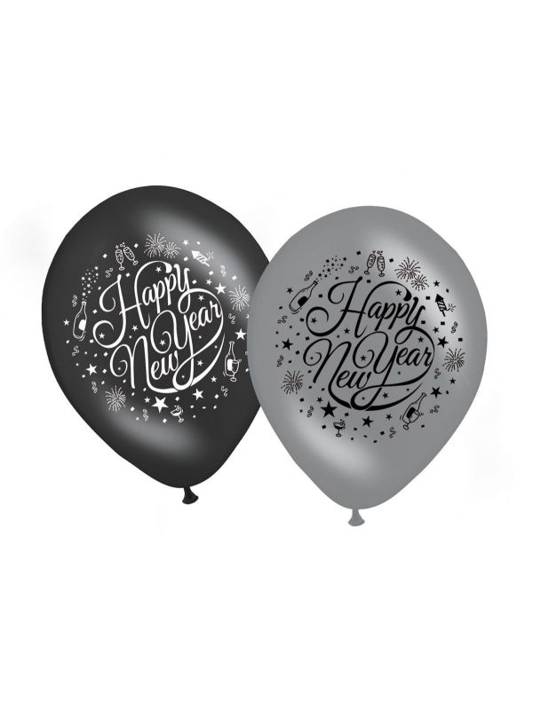 8 happy new year ballonnen zwart-zilver 30cm