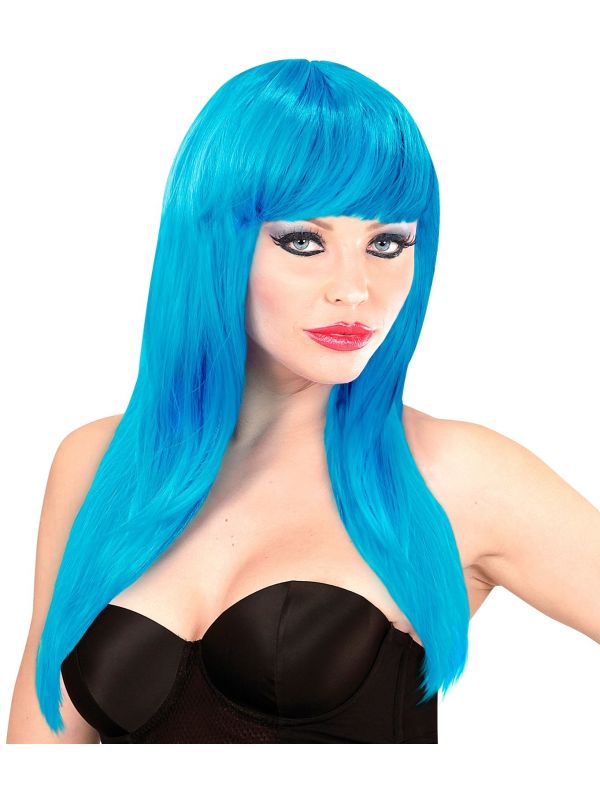 Azuurblauwe pruik lang haar