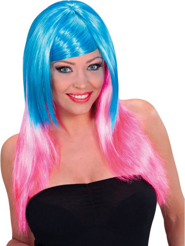 Blauw-roze pruik lang haar