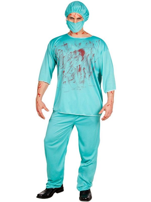 Blauwe bloederige chirurg kostuum
