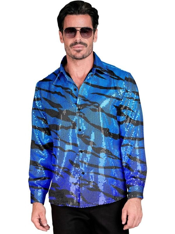 Blauwe tijgerprint pailletten blouse heren