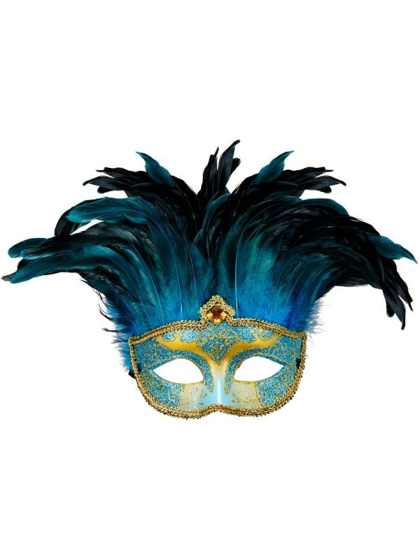Blauwe venetiaanse gravin oogmasker met veren
