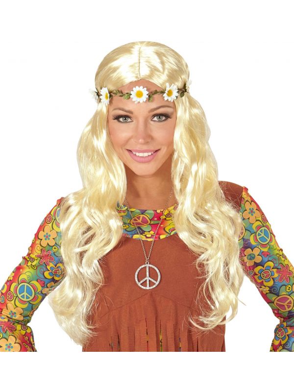 Blonde hippie pruik met madeliefjes hoofdband