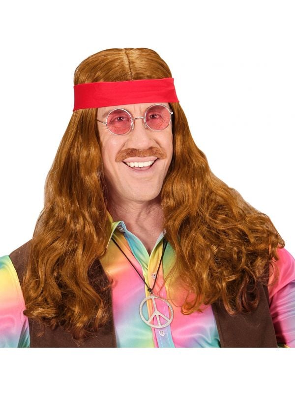 Bruine hippie pruik met snor en rode hoofdband