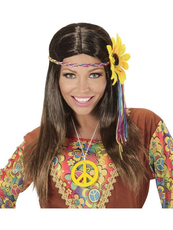 Bruine hippie pruik met zonnebloem hoofdband