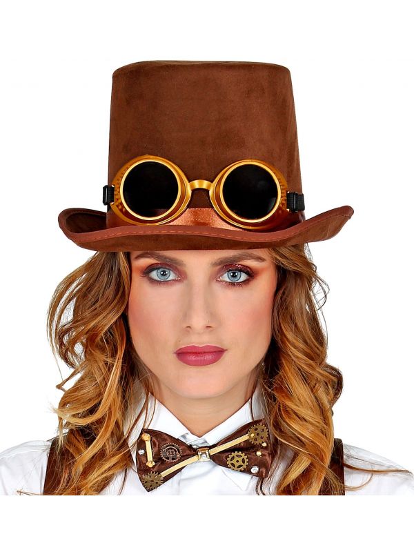 Bruine steampunk hoed met bril