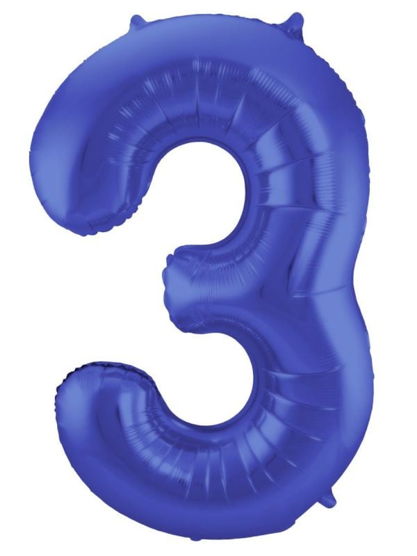 Cijfer 3 metallic blauw folieballon 86cm