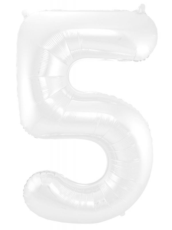 Cijfer 5 metallic wit folieballon 86cm