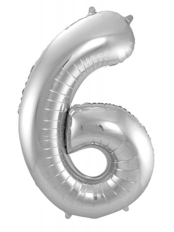 Cijfer 6 zilveren folieballon 86cm