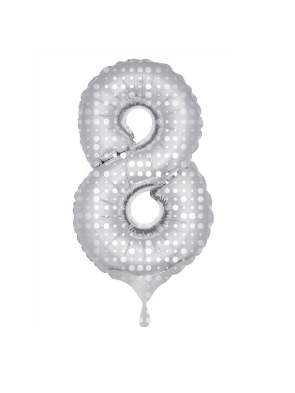 Cijfer 8 folieballon zilver met witte stippen