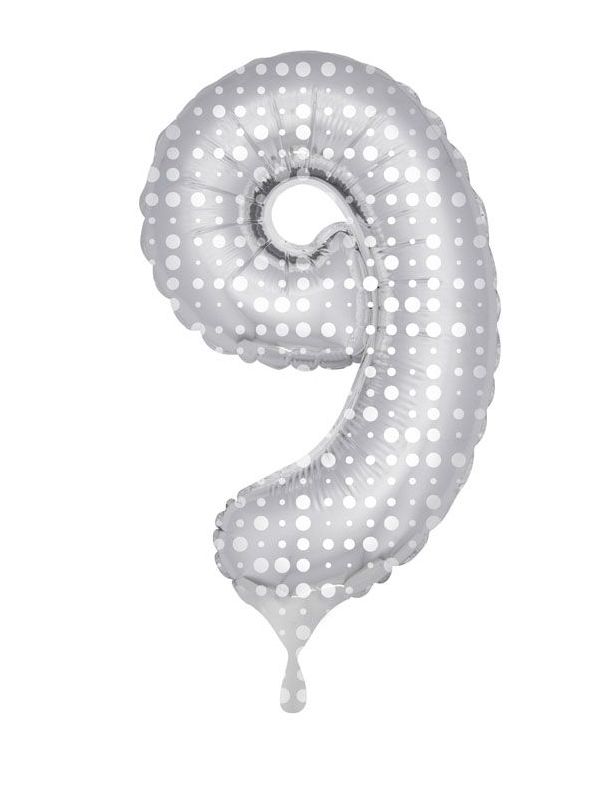 Cijfer 9 folieballon zilver met witte stippen
