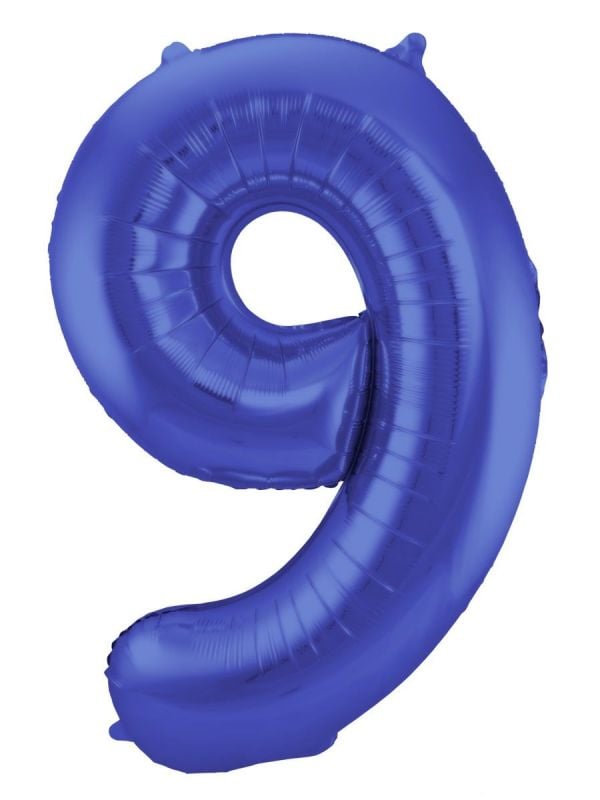 Cijfer 9 metallic blauw folieballon 86cm