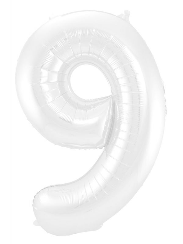 Cijfer 9 metallic wit folieballon 86cm