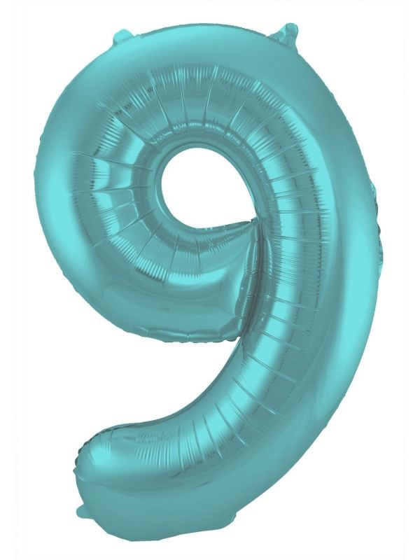 Cijfer 9 pastel aqua blauw folieballon 86cm