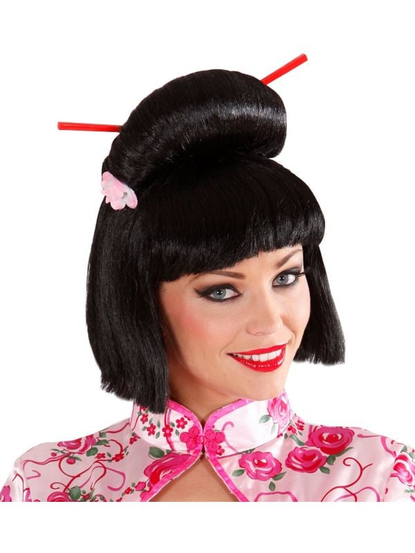 Geisha pruik met bloem en chopsticks