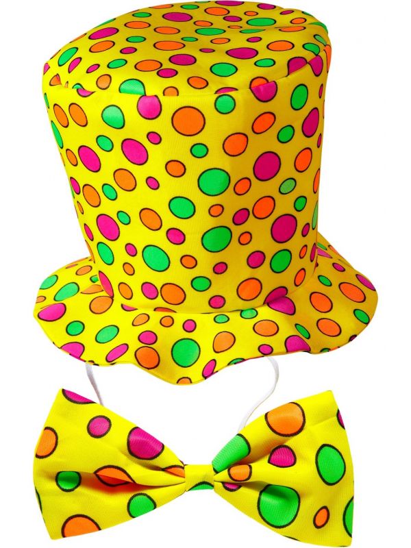 Gele clown hoed en vlinderstrik