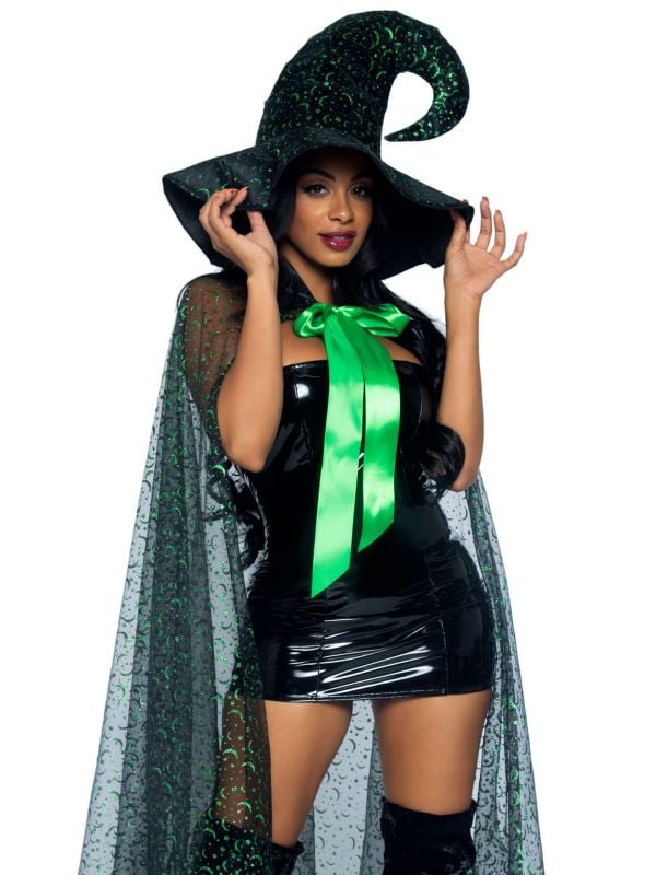 Glitter groene maan heksen hoed en cape