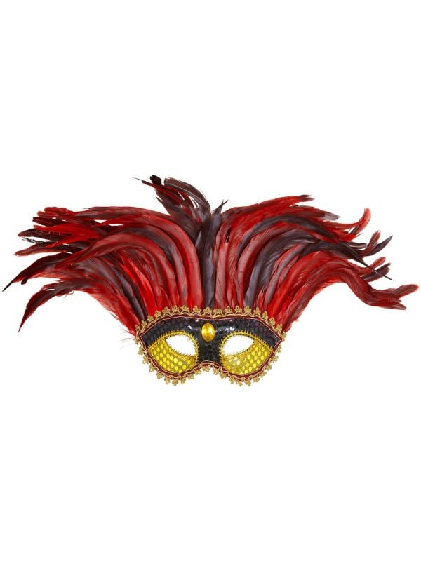 Goud zwart maya oogmasker met rode veren