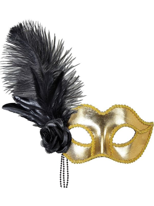 Gouden venetiaans oogmasker met veren en roos