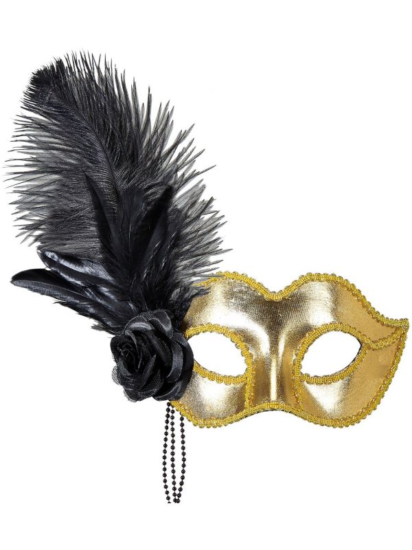 Inloggegevens insect Halloween Gouden venetiaans oogmasker met veren en roos | Carnavalskleding.nl