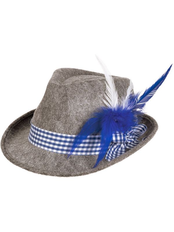 Grijze duitse hoed met blauwe veren