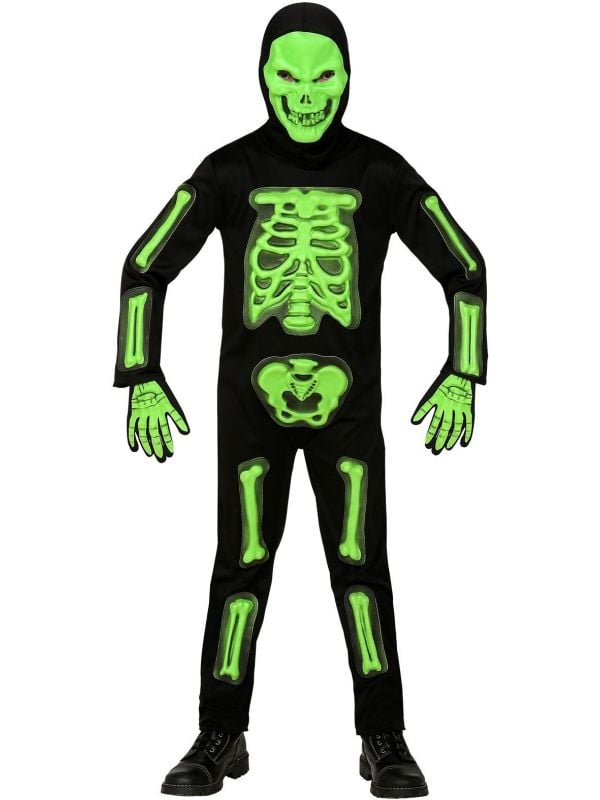 Groene glow in the dark skelet kostuum kind
